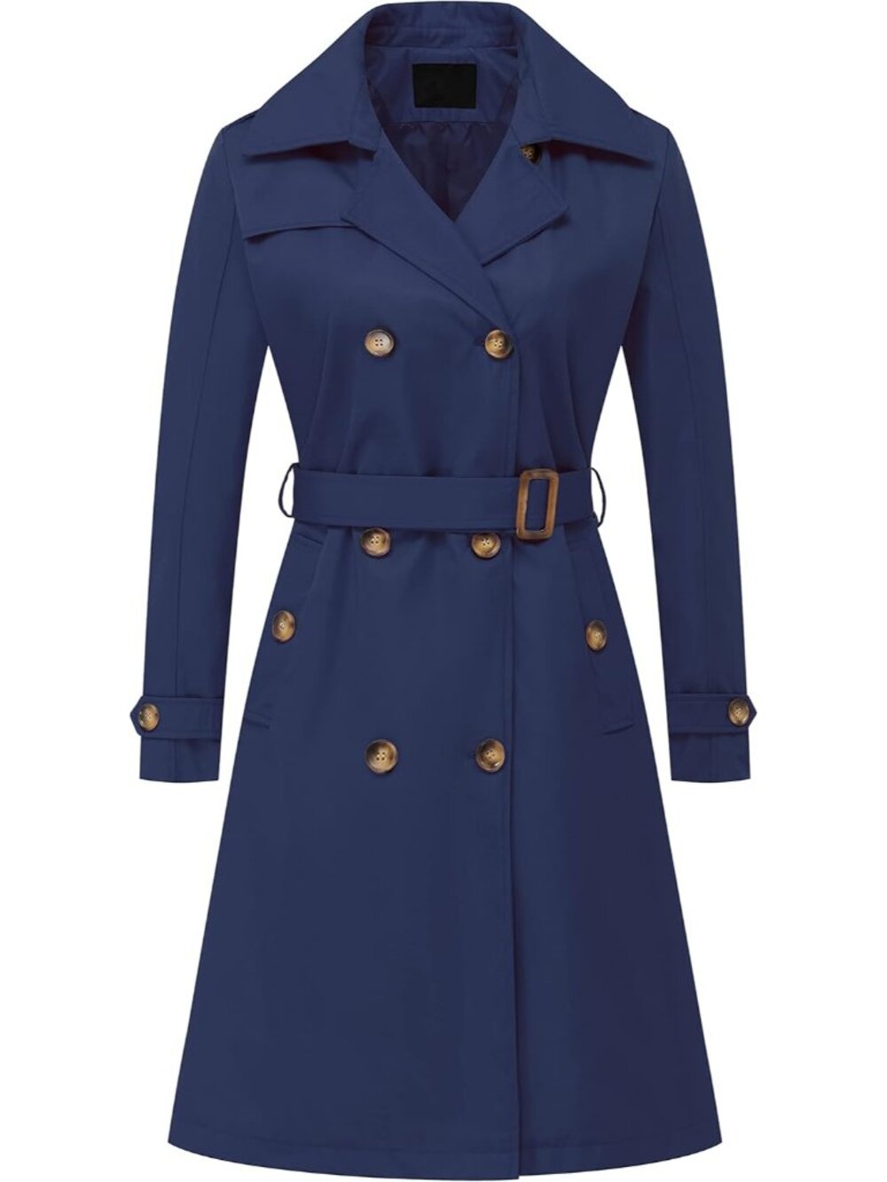 Women Navy Blue Detachable Hood Mid-Long Belted Double-Breasted Trench Rain Coat